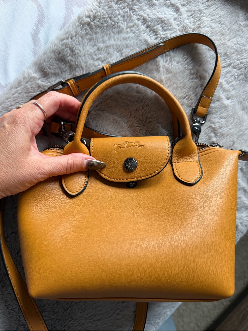 Longchamp Small Leather Top-Handle Mini Bag in Mustard Yellow